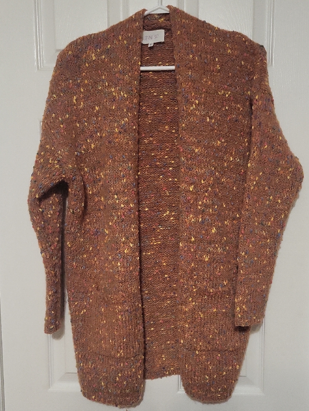Sienna Sky Rust Open-Front Tweed Cardigan with Multicolor Flecks